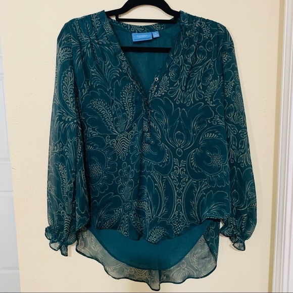 VERA WANG•long sleeve green paisley blouse XS - Picture 2 of 8